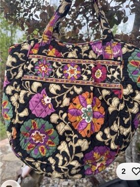 Vera Bradley Black Quilted Floral Medallion Tote with Purple & Orange Accents